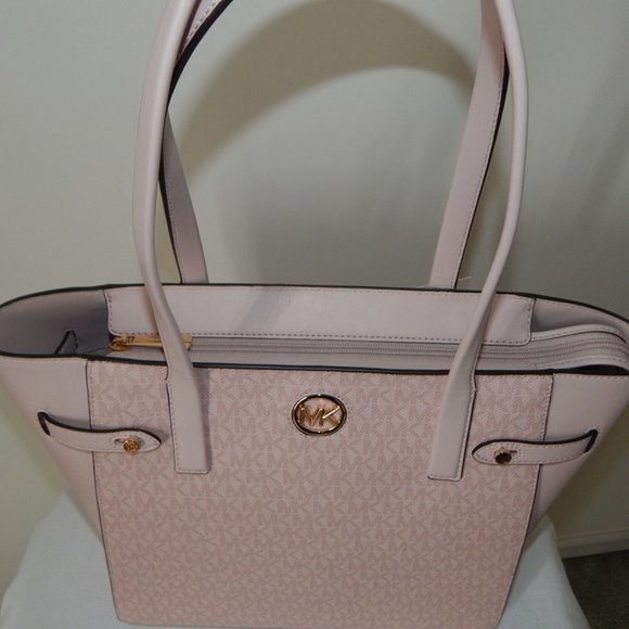 NWT $498 MICHAEL KORS CARMEN MK Monogram LARGE TZ DK PWDR BLSH Tote Shoulder BAG - Picture 6 of 11